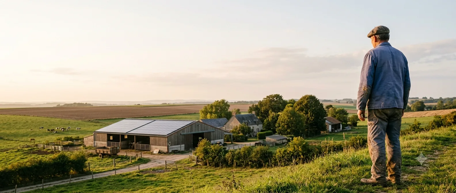 Exploitant agricole devant son bâtiment aux toitures équipées de panneaux solaires, en fin de journée