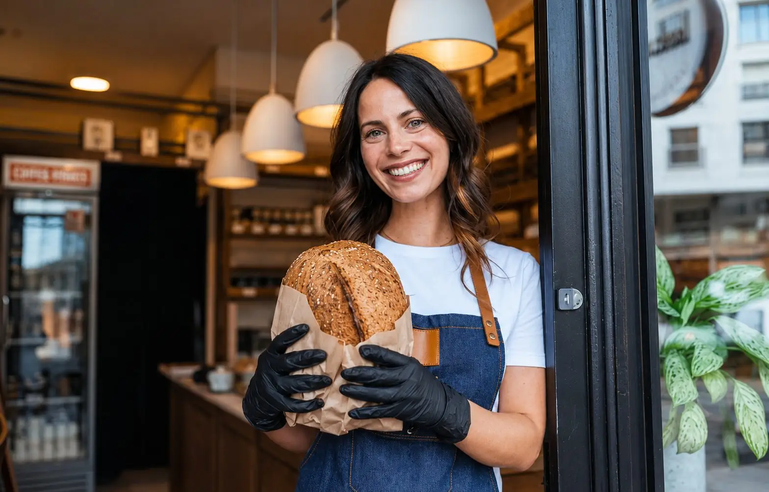 Boulangère souriante tenant un pain