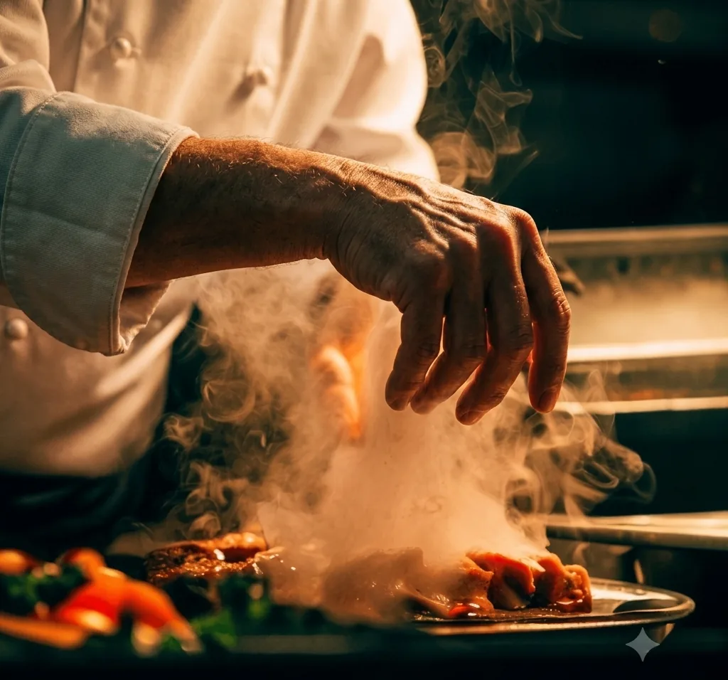 Cuisinier en plein coup de feu dans une cuisine professionnelle